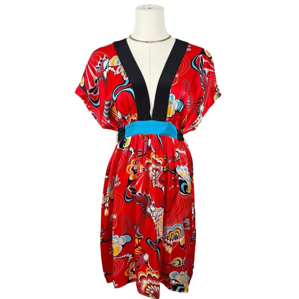 Vintage ABS Allen Schwartz Red Silk Boho V Neck Y2k Dress Medium